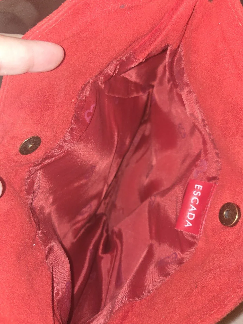 Vintage ESCADA Parfums Red Faux Suede Hobo Shoulder Bag Studded Logo Knot Strap